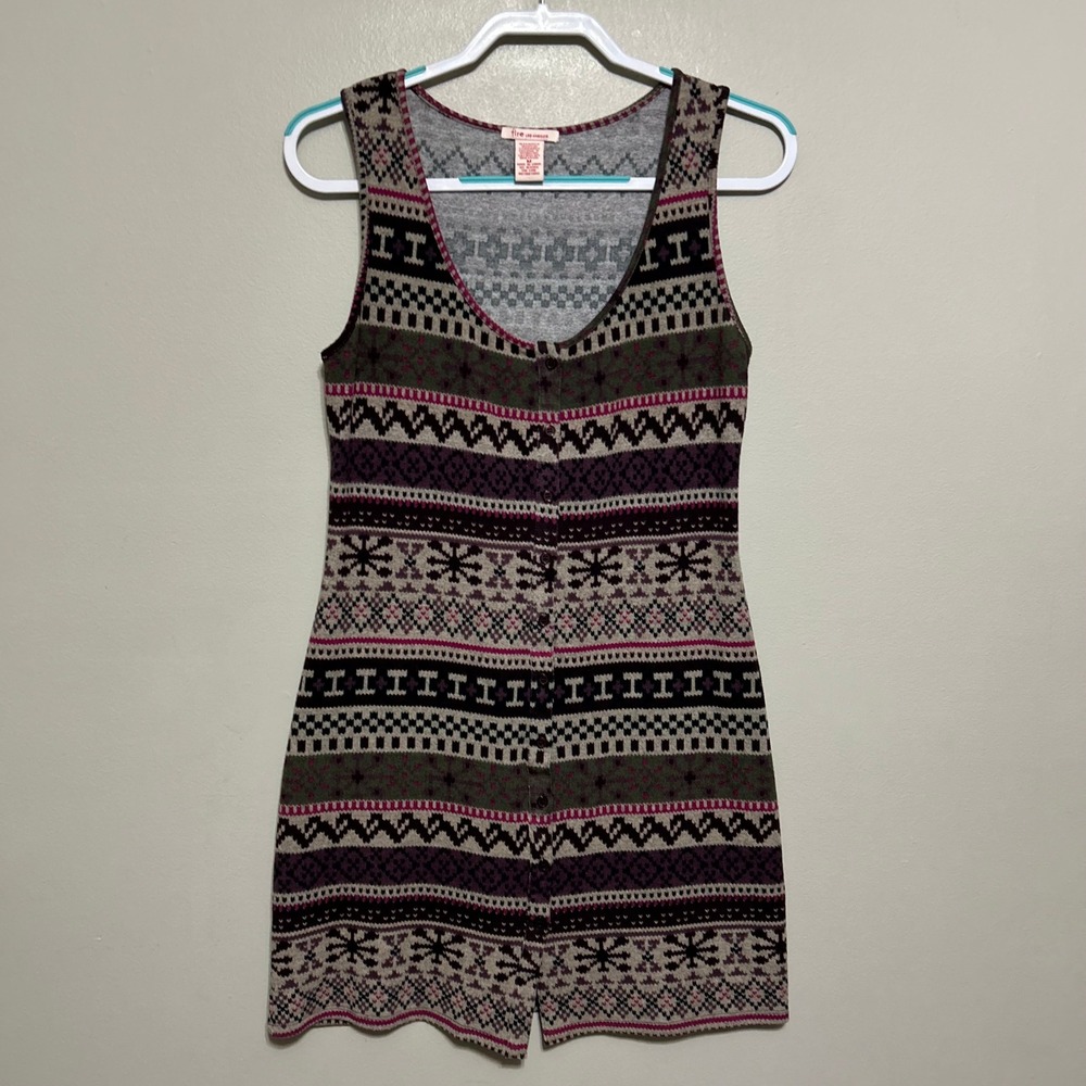 Fire Los Angeles Womens Mini Dress M Green Earth Tones Fair Isle Knit Sleeveless